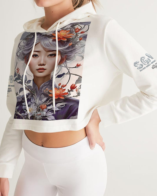 Beautiful Asian woman grey hair blossom Women's All-Over Print Cropped Hoodie