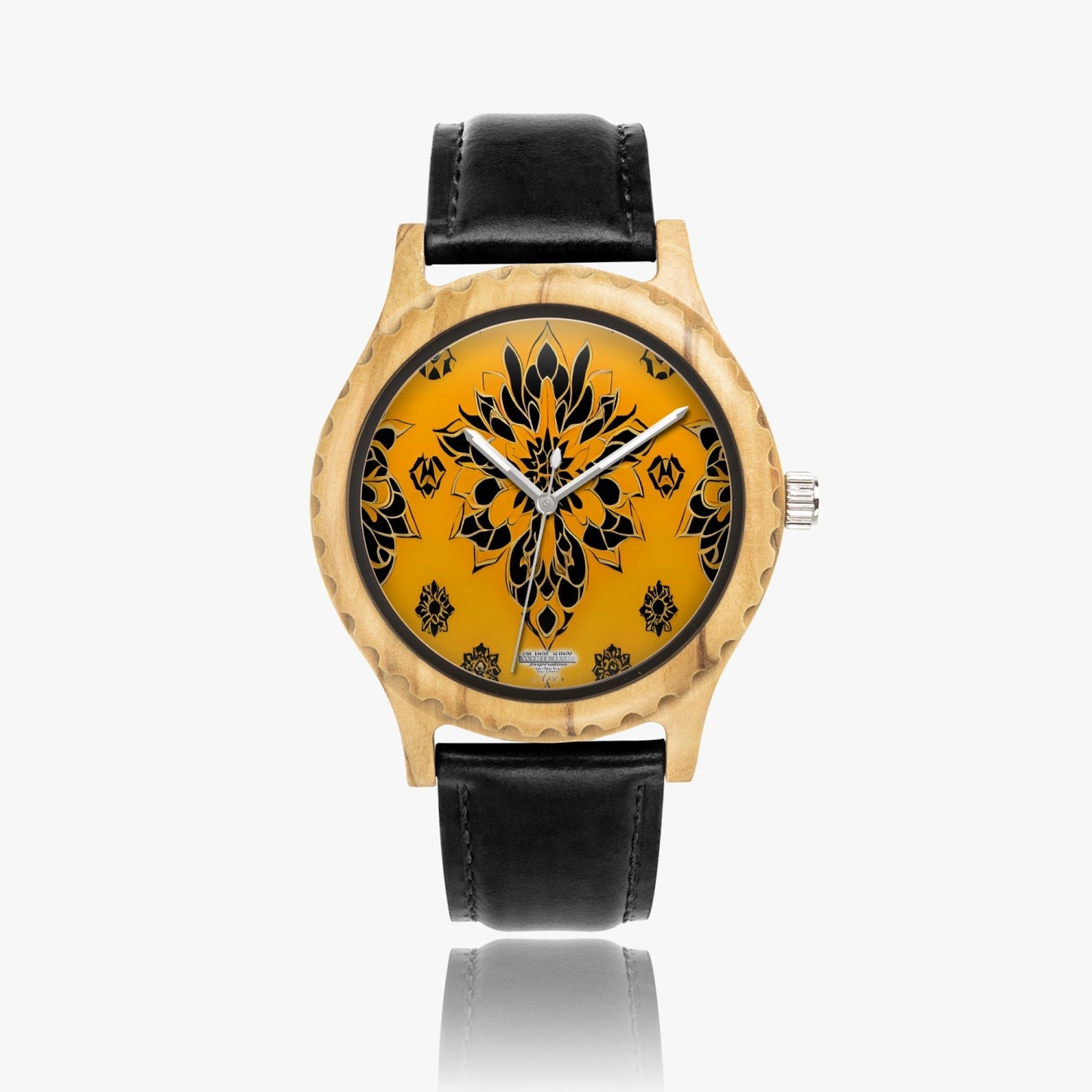 Orange and black royal pattern Italian Olive Lumber Wooden Watch - Leather Strap