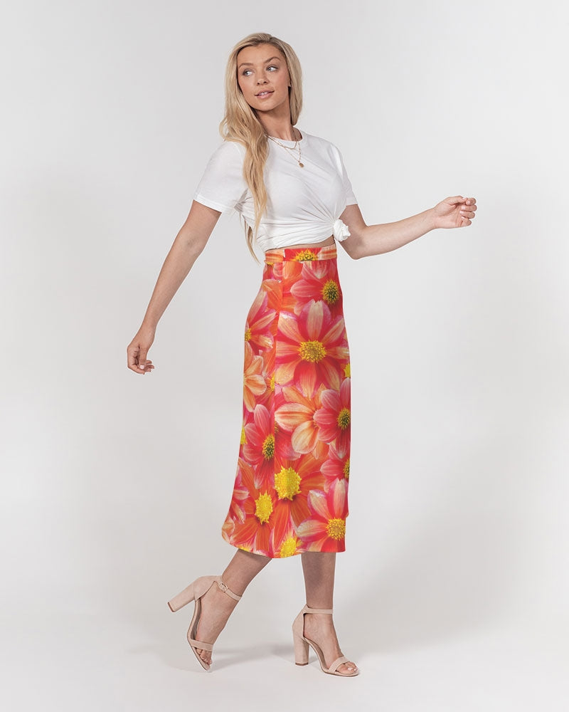 Beautiful blood orange flower design Women's All-Over Print A-Line Midi Skirt