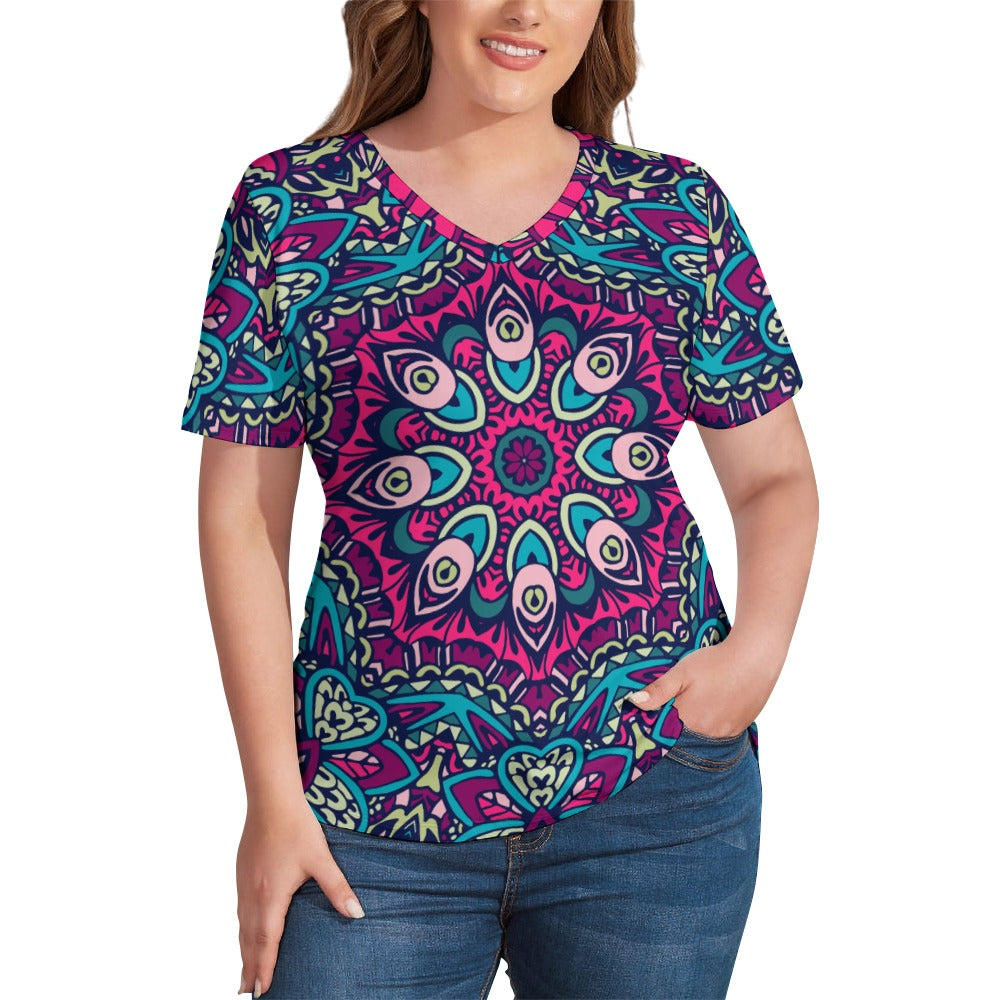 2024 New V Neck Short-sleeve Women Shirt Printed