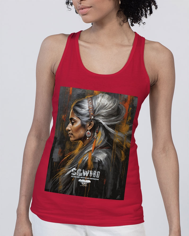 South Asian silver grey white hair sisters portrait [2] Unisex Jersey Tank | Bella + Canvas