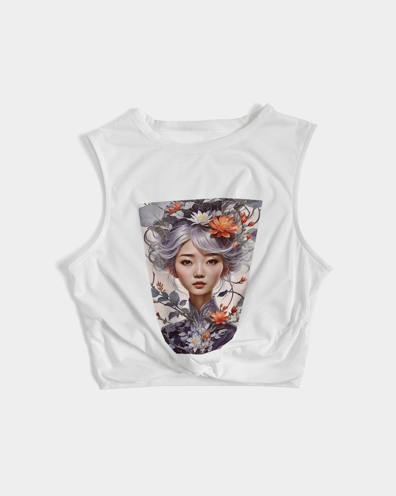 Beautiful Asian woman grey hair blossom Women's  All-Over Print Twist-Front Tank