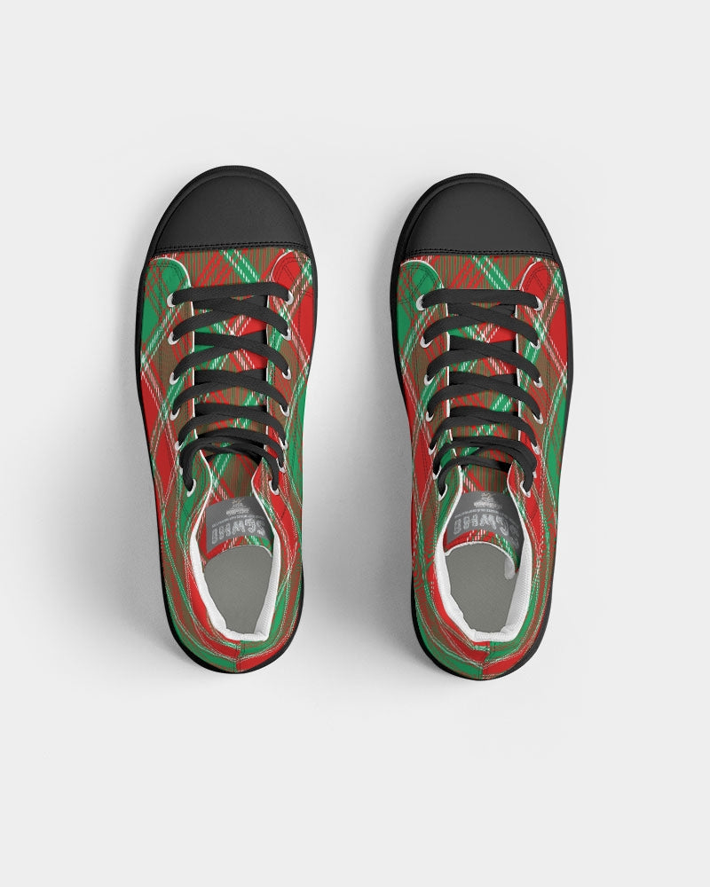 Red & Green cross pattern Men's Hightop Canvas Shoe - Black