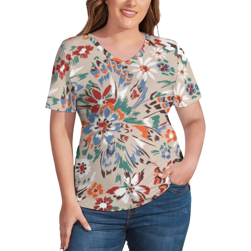 2024 New V Neck Short-sleeve Women Shirt Printed