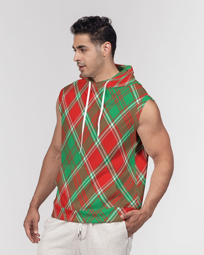 Red & Green cross pattern Men's All-Over Print Heavyweight Sleeveless Hoodie