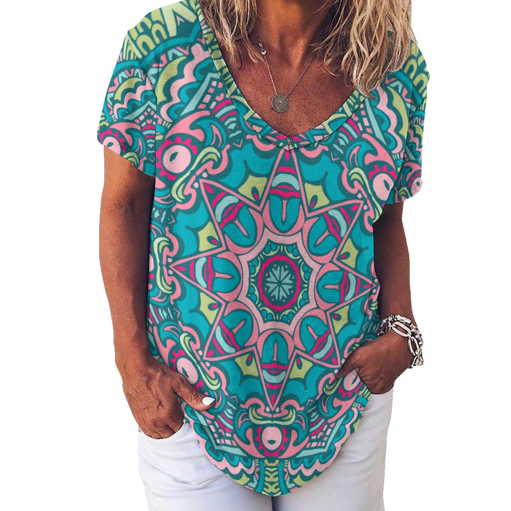 2024 New V Neck Short-sleeve Women Shirt Printed