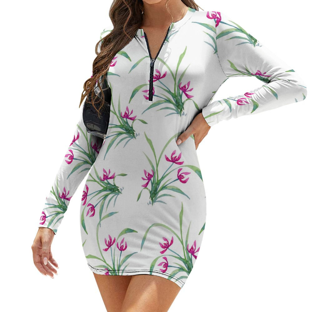 Women's Zipper Long Sleeve Hip Dress