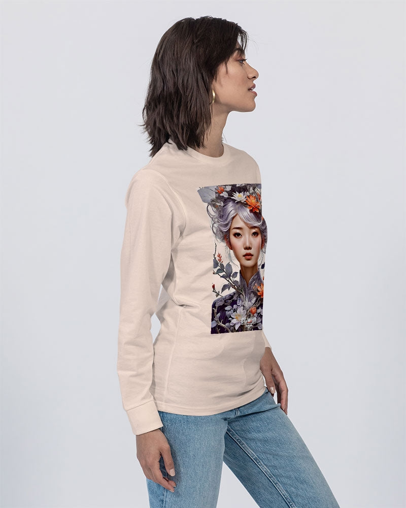 Beautiful Asian woman grey hair blossom Unisex Long Sleeve Tee | Lane Seven