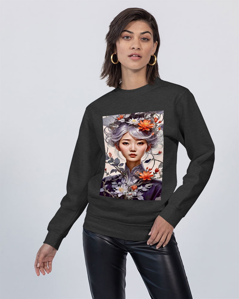 Beautiful Asian woman grey hair blossom Unisex Premium Crewneck Sweatshirt | Lane Seven