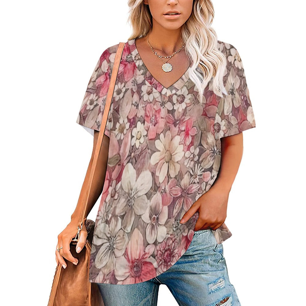 2024 New V Neck Short-sleeve Women Shirt Printed