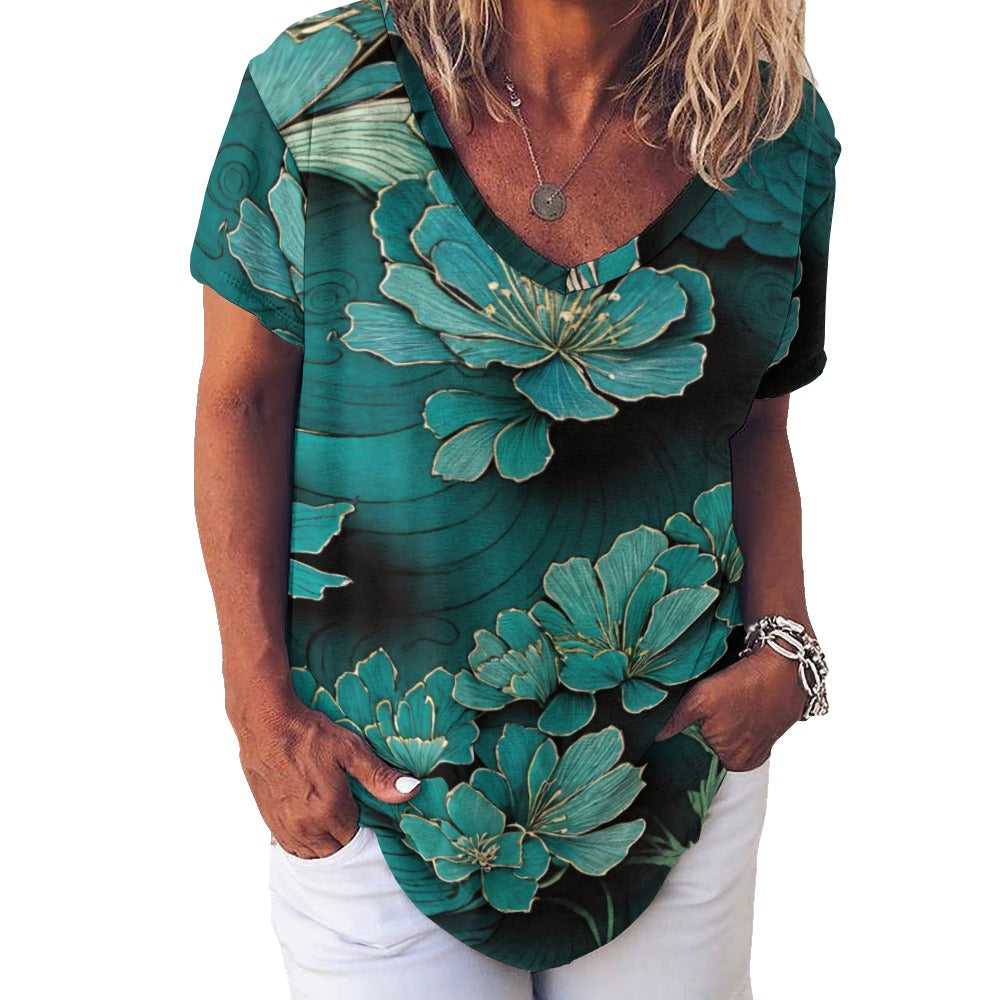 2024 New V Neck Short-sleeve Women Shirt Printed