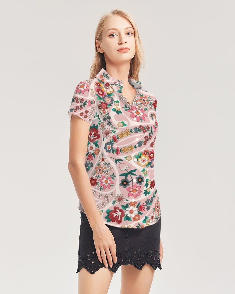 Pink abstract Pretty Sisters Women's All-Over Print Short Sleeve Button Up