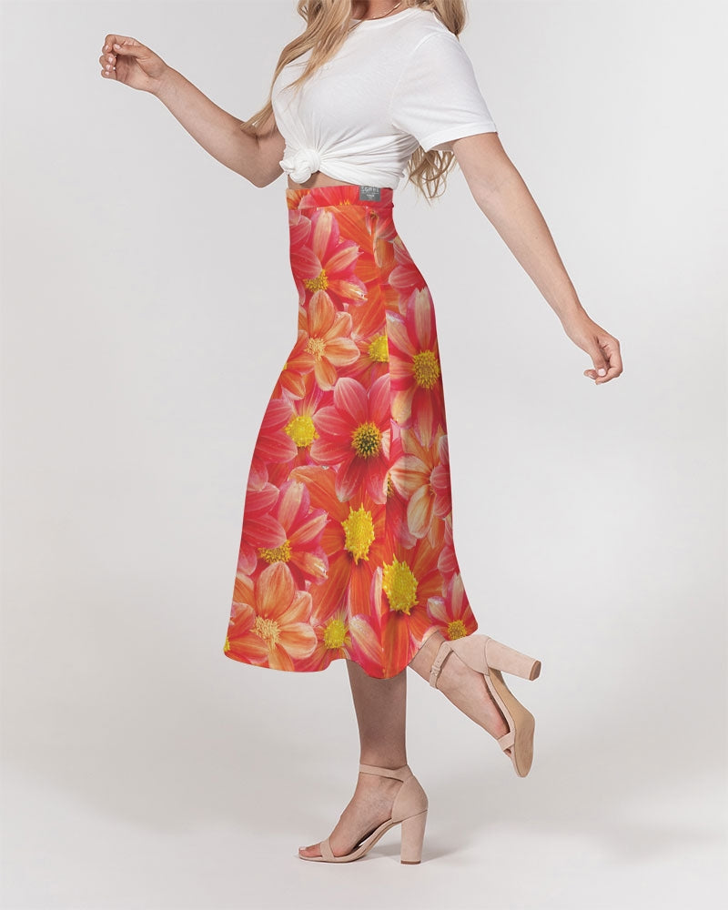 Beautiful blood orange flower design Women's All-Over Print A-Line Midi Skirt