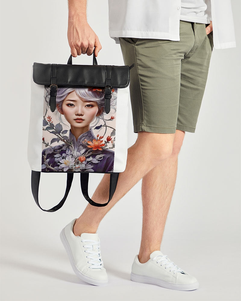 Beautiful Asian woman grey hair blossom Casual Flap Backpack