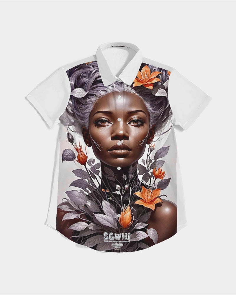 Beautiful black silver grey hair blossom women Women's All-Over Print Short Sleeve Button Up