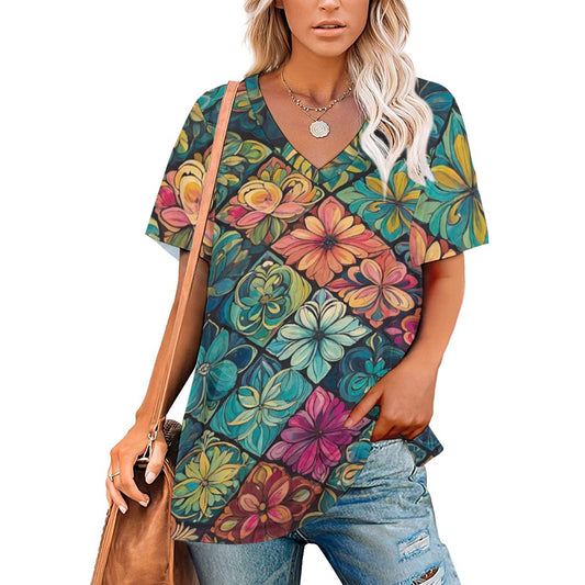 2024 New V Neck Short-sleeve Women Shirt Printed