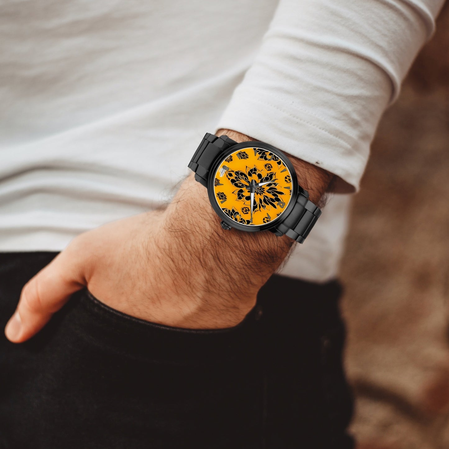 Orange and black royal pattern Steel Strap Automatic Watch (With Indicators)