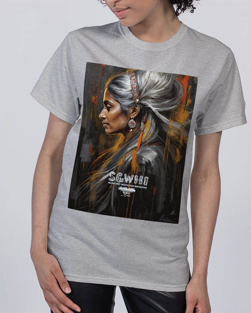 South Asian silver grey white hair sisters portrait [2] Unisex Tee | Champion