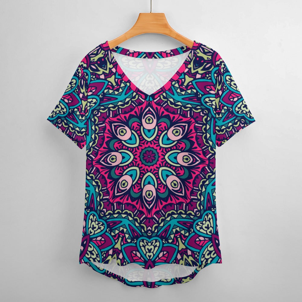 2024 New V Neck Short-sleeve Women Shirt Printed