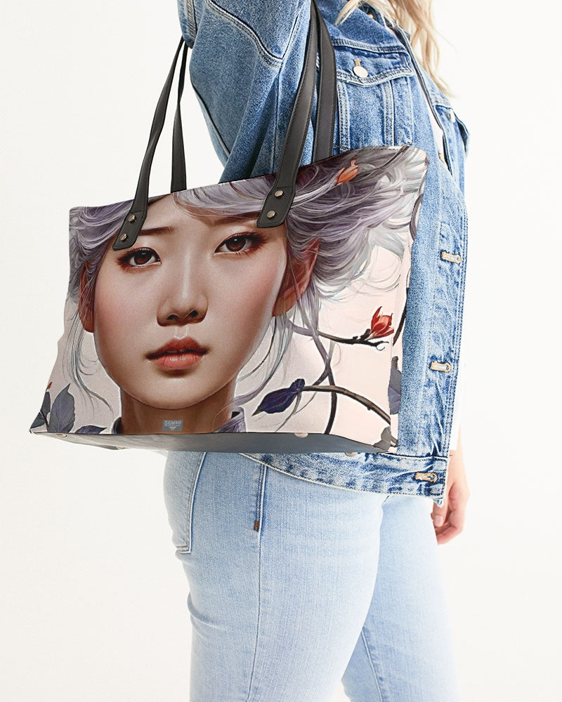 Beautiful Asian woman grey hair blossom Stylish Tote