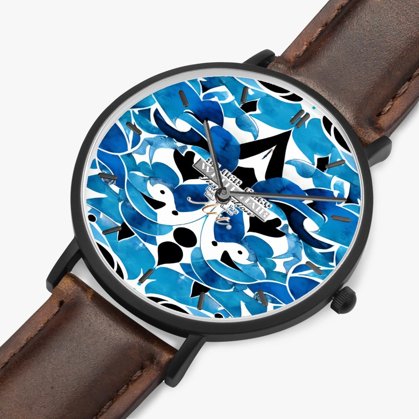 Blue abstract pattern Hot Selling Ultra-Thin Leather Strap Quartz Watch (Black With Indicators)