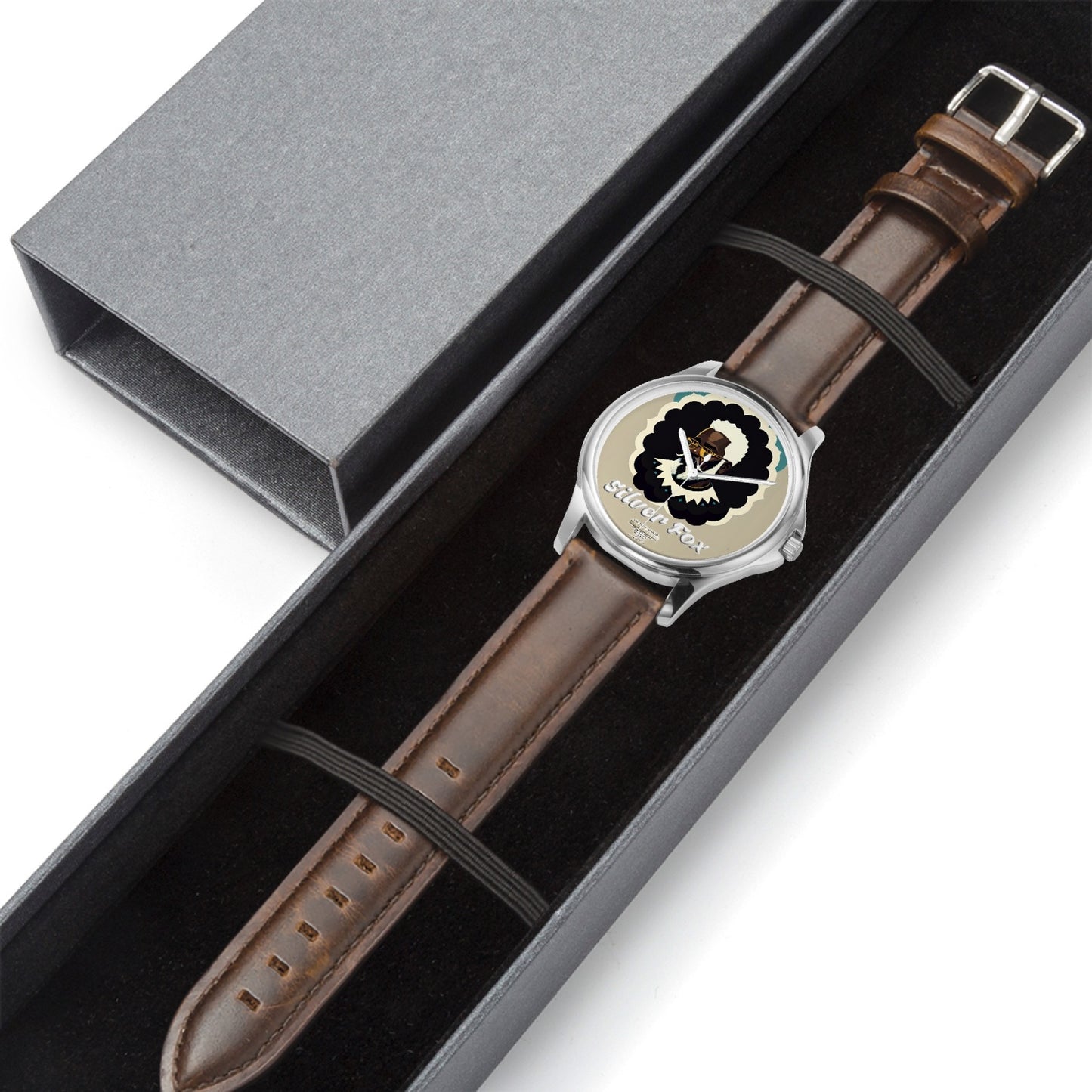 Black gentlemen Silverfox Stylish Classic Leather Strap Quartz Watch (Silver)