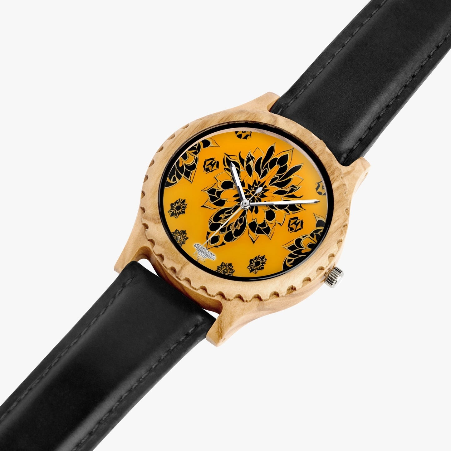 Orange and black royal pattern Italian Olive Lumber Wooden Watch - Leather Strap