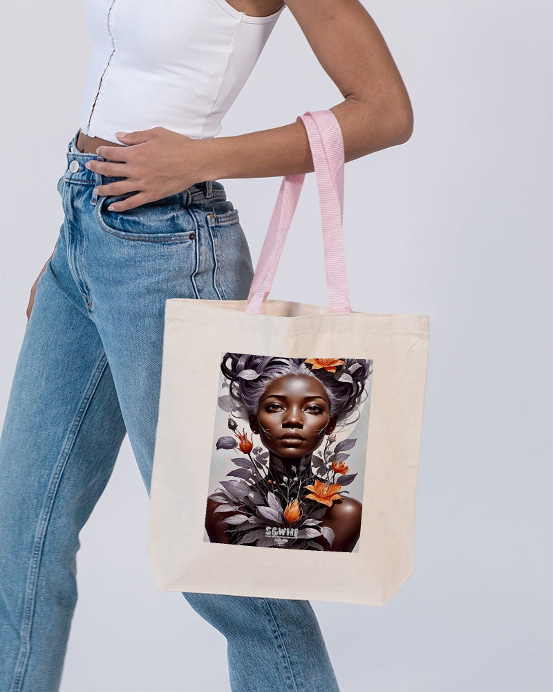 Beautiful black silver grey hair blossom women Canvas Tote with Contrast-Color Handles | Q-Tees