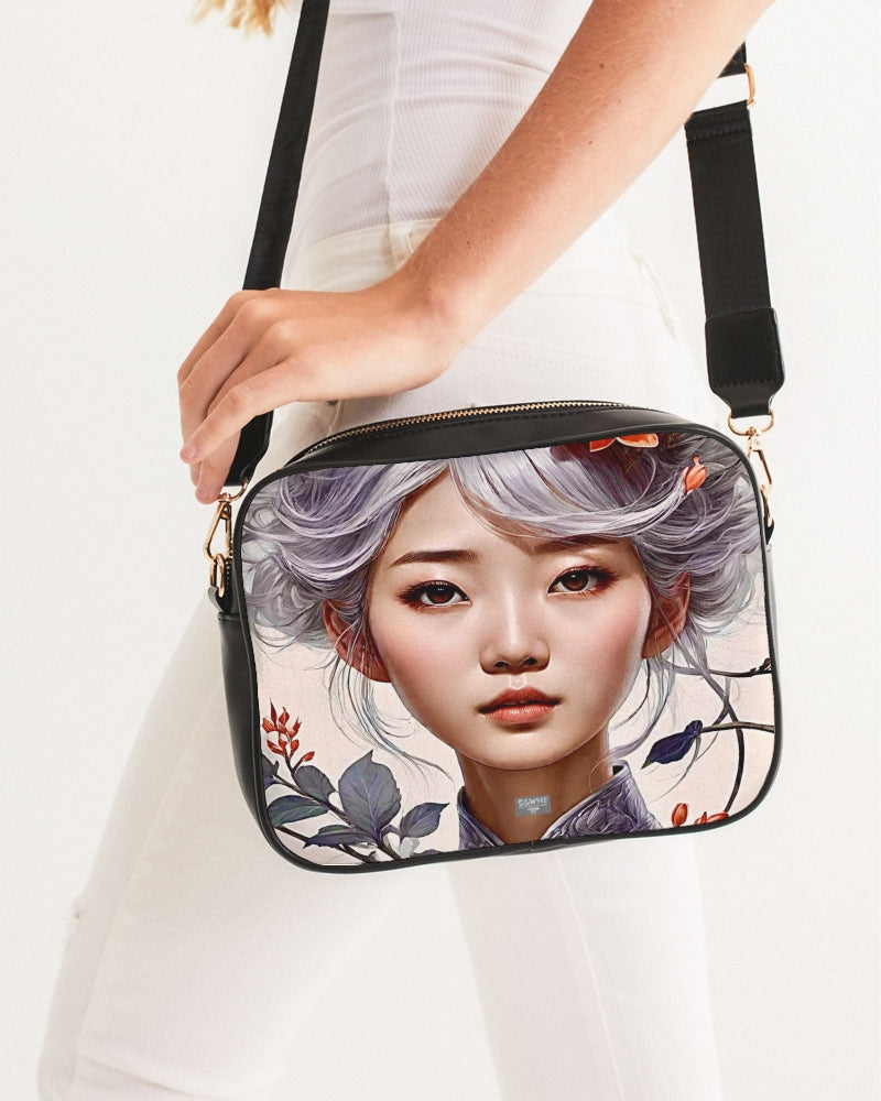 Beautiful Asian woman grey hair blossom Crossbody Bag