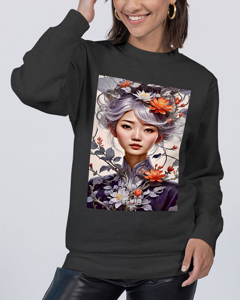 Beautiful Asian woman grey hair blossom Unisex Premium Crewneck Sweatshirt | Lane Seven