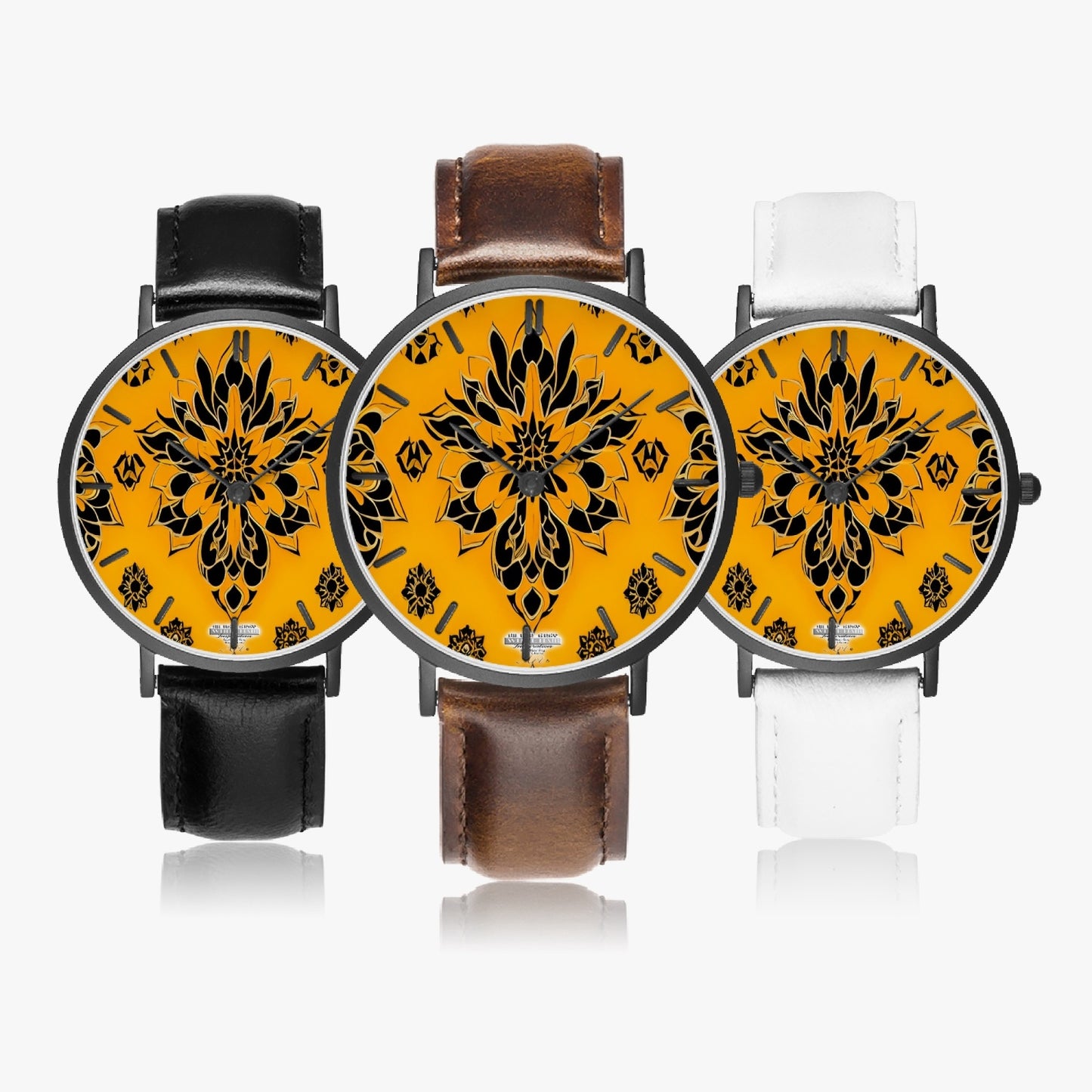 Orange and black royal pattern Hot Selling Ultra-Thin Leather Strap Quartz Watch (Black With Indicators)