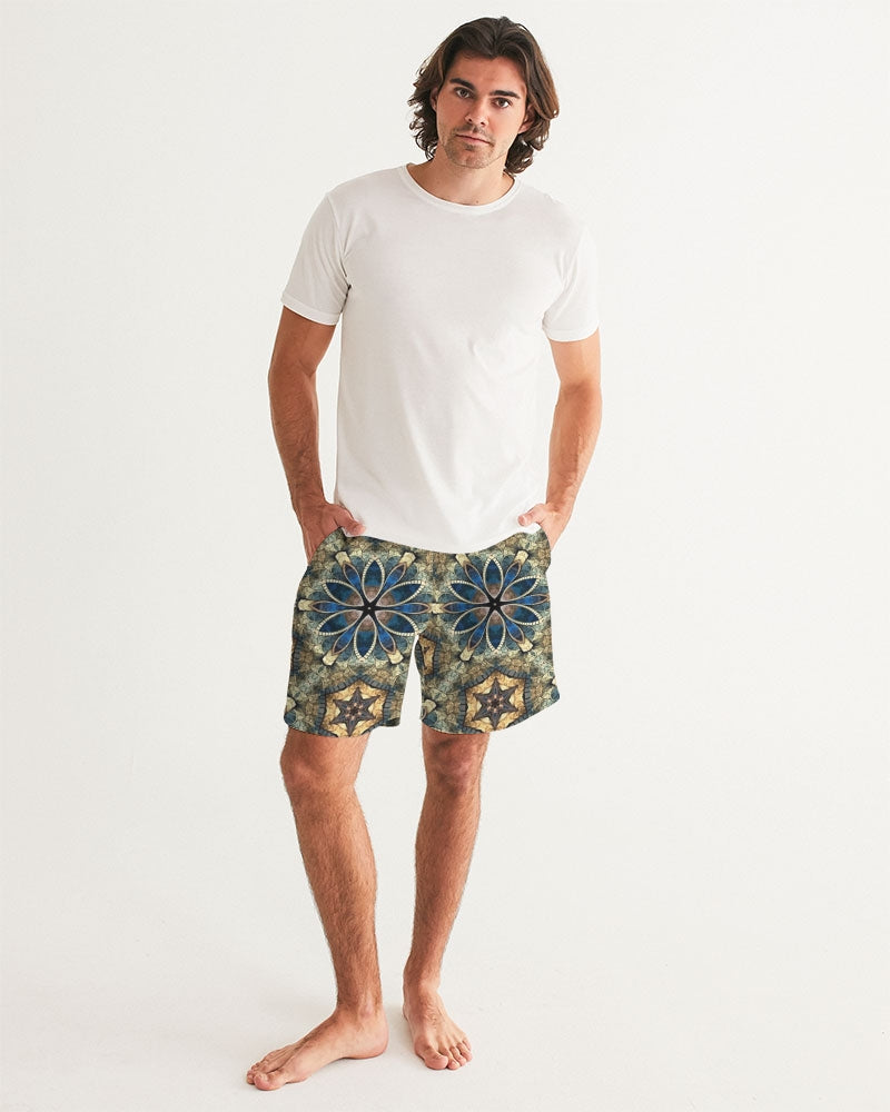 Green & Dark Blue almost star pattern. Men's All-Over Print Swim Trunk