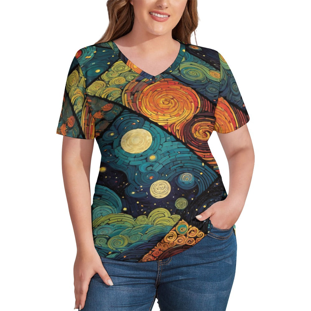 2024 New V Neck Short-sleeve Women Shirt Printed