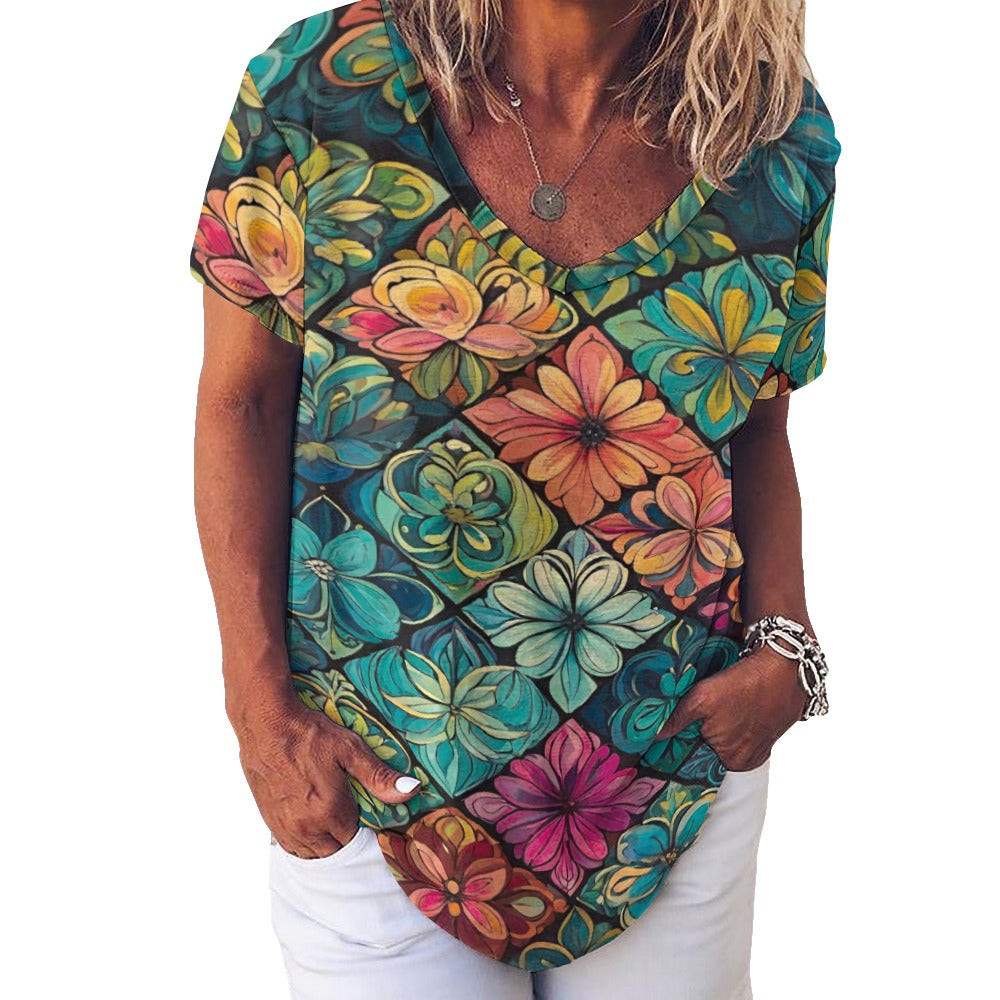 2024 New V Neck Short-sleeve Women Shirt Printed