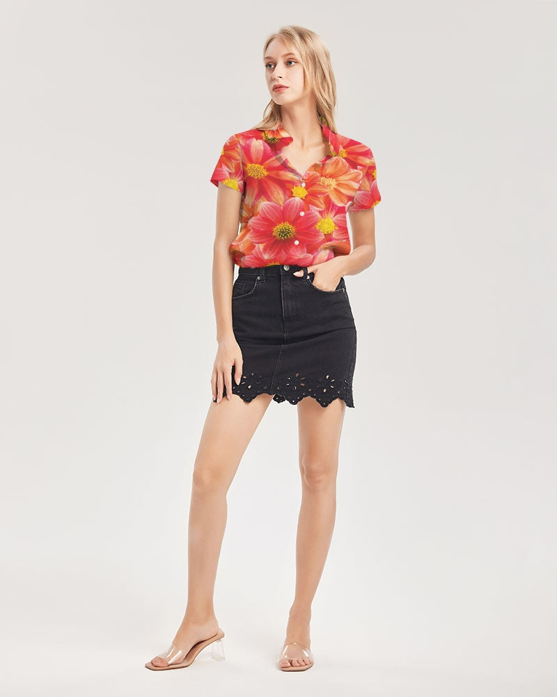 Beautiful blood orange flower design Women's All-Over Print Short Sleeve Button Up