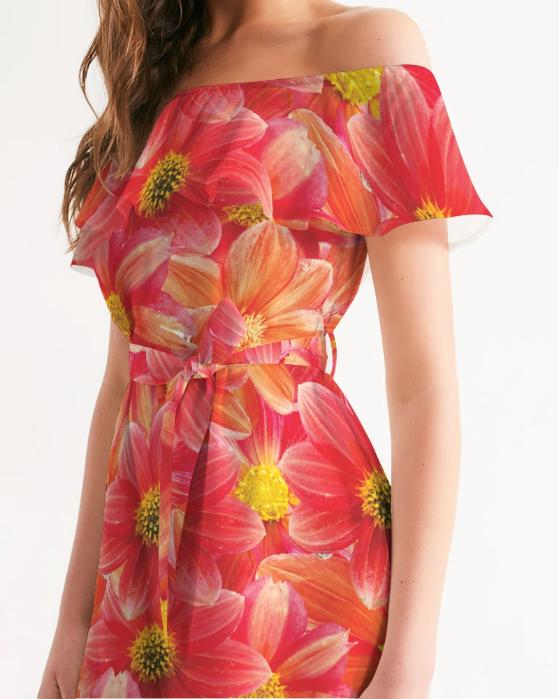 Beautiful blood orange flower design Women's All-Over Print Off-Shoulder Dress