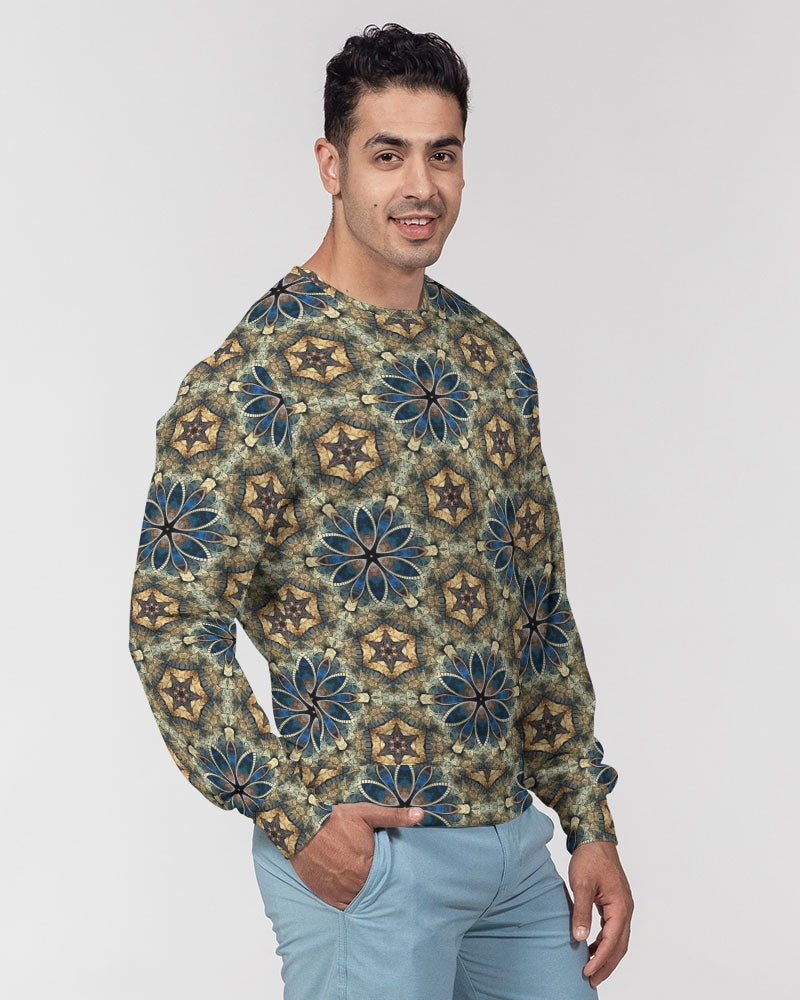 Green & Dark Blue almost star pattern. Men's All-Over Print Classic French Terry Crewneck Pullover