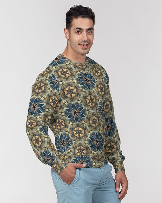 Green & Dark Blue almost star pattern. Men's All-Over Print Classic French Terry Crewneck Pullover