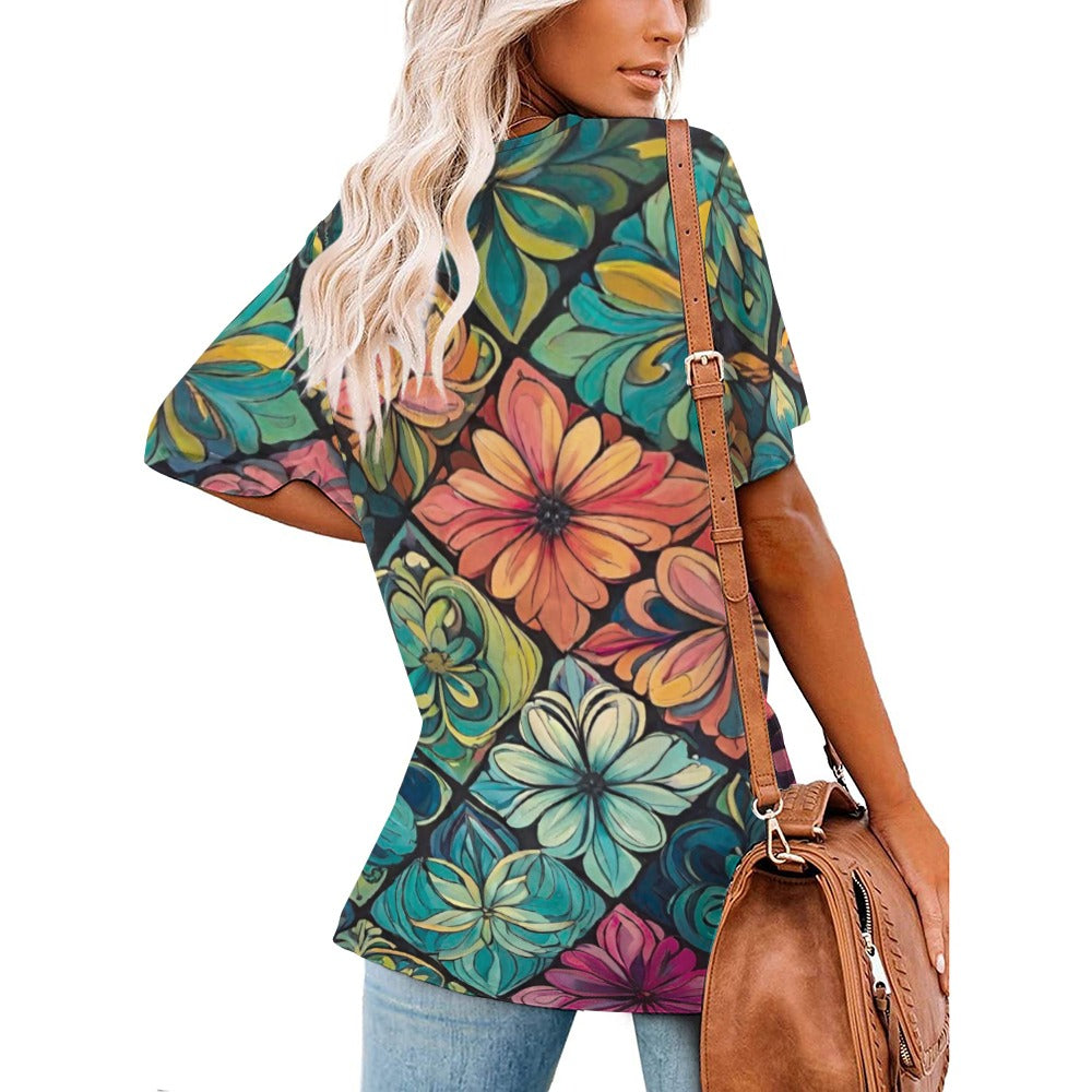 2024 New V Neck Short-sleeve Women Shirt Printed