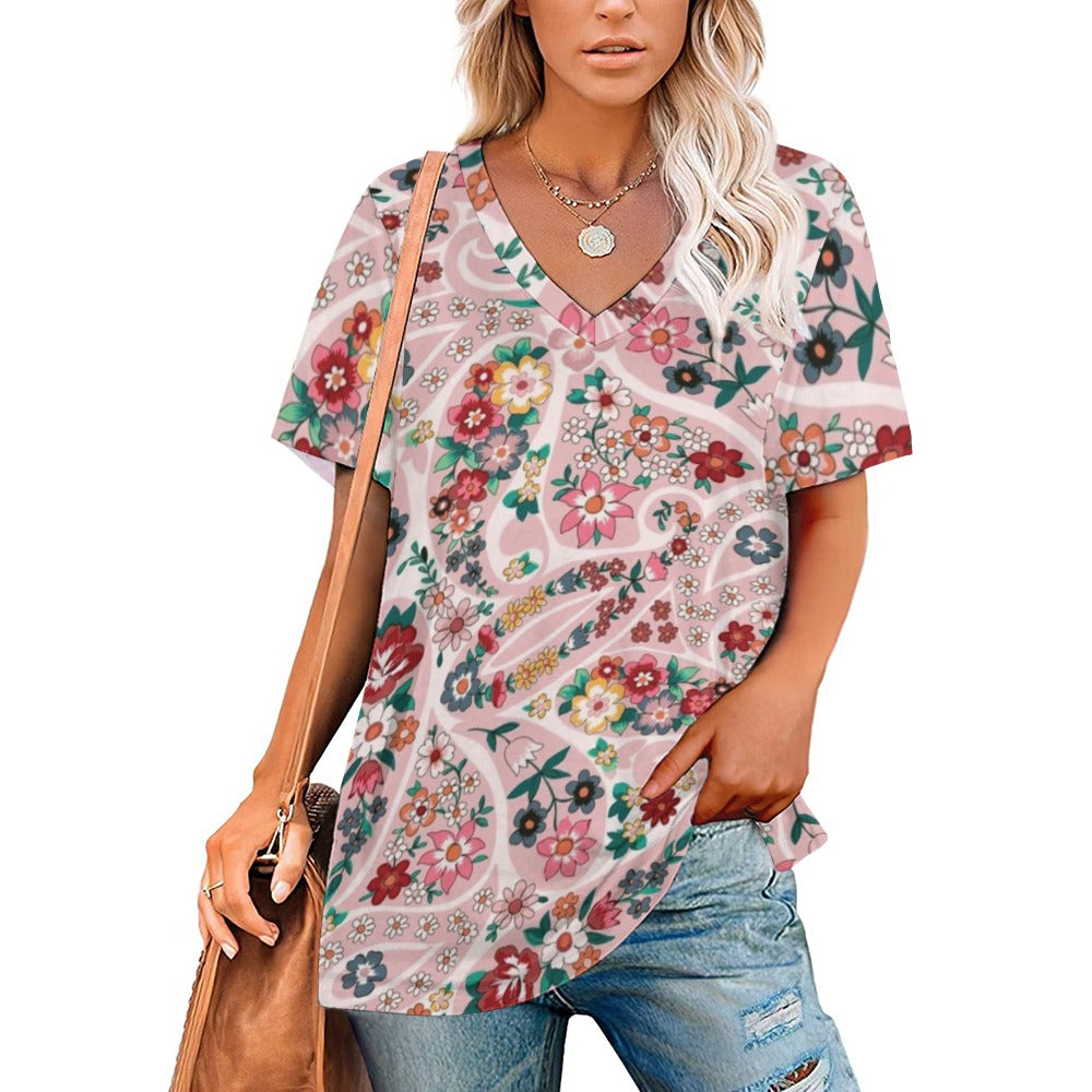 2024 New V Neck Short-sleeve Women Shirt Printed