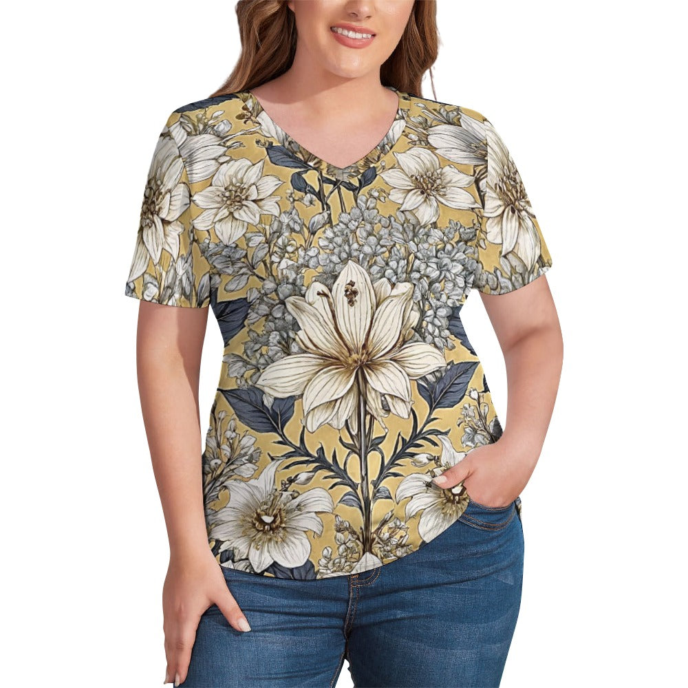 2024 New V Neck Short-sleeve Women Shirt Printed