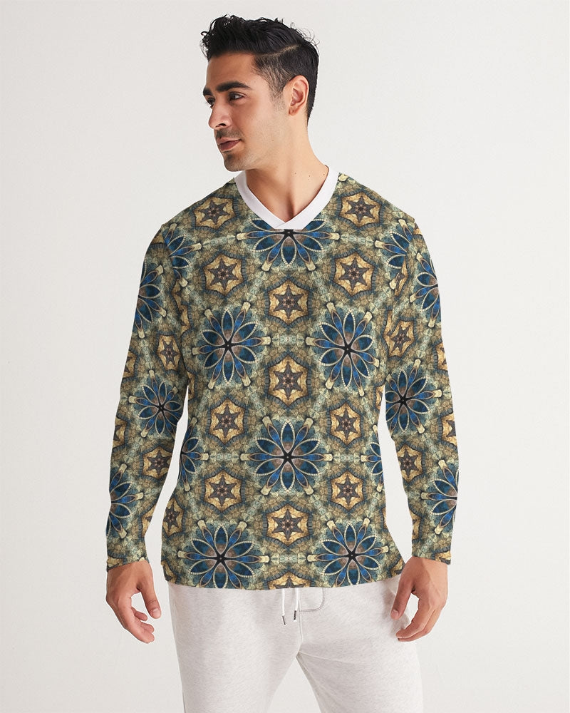 Green & Dark Blue almost star pattern. Men's All-Over Print Long Sleeve Sports Jersey