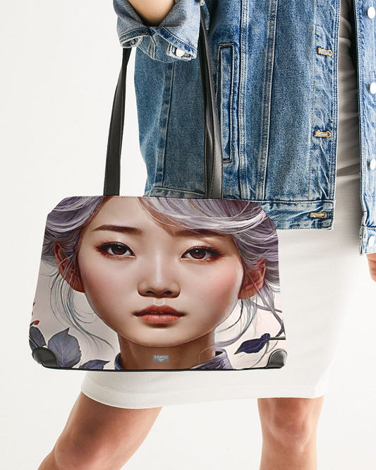 Beautiful Asian woman grey hair blossom Shoulder Bag