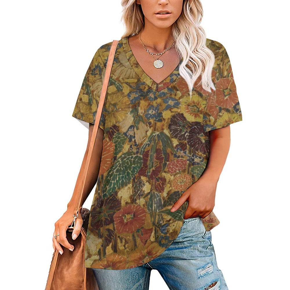 2024 New V Neck Short-sleeve Women Shirt Printed