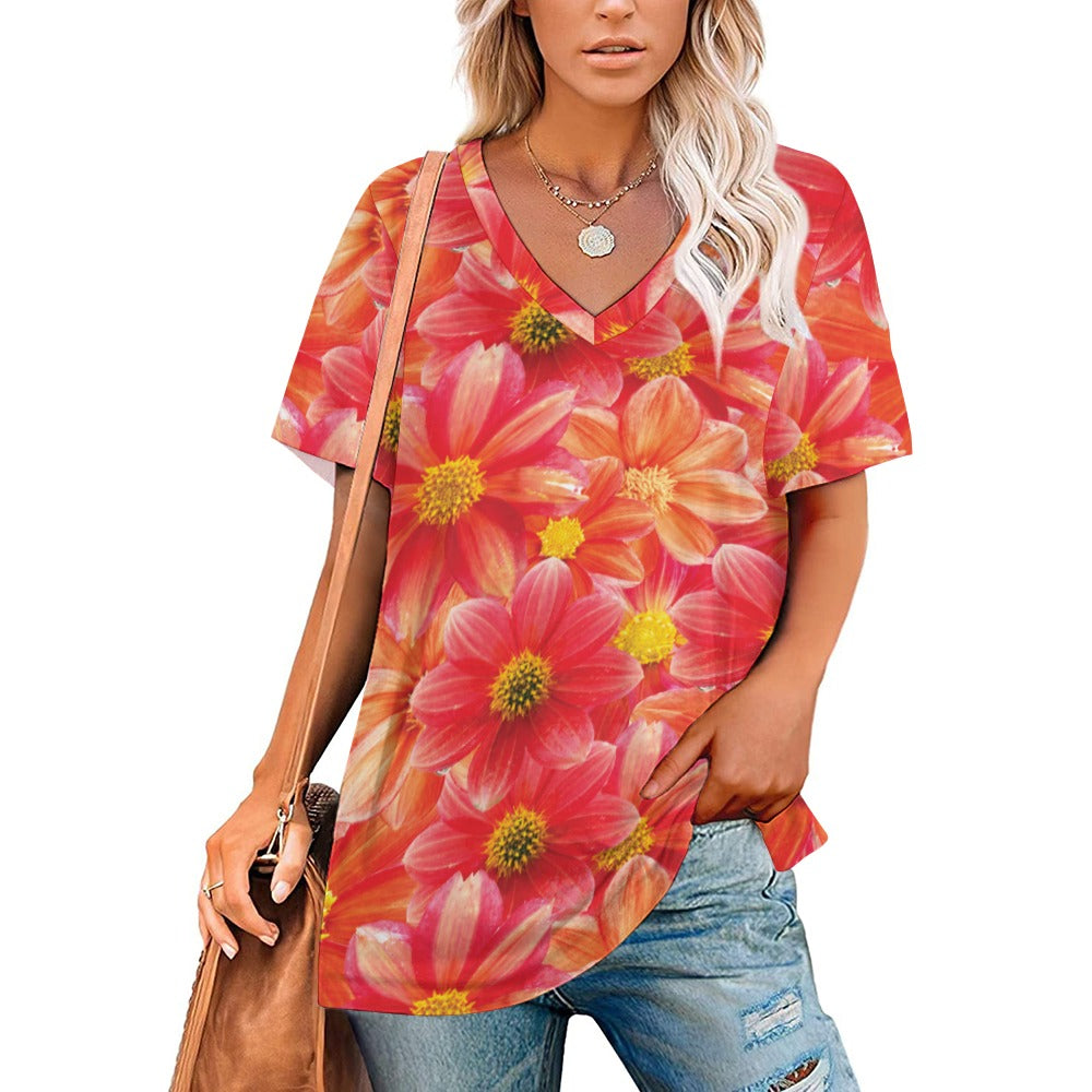 2024 New V Neck Short-sleeve Women Shirt Printed