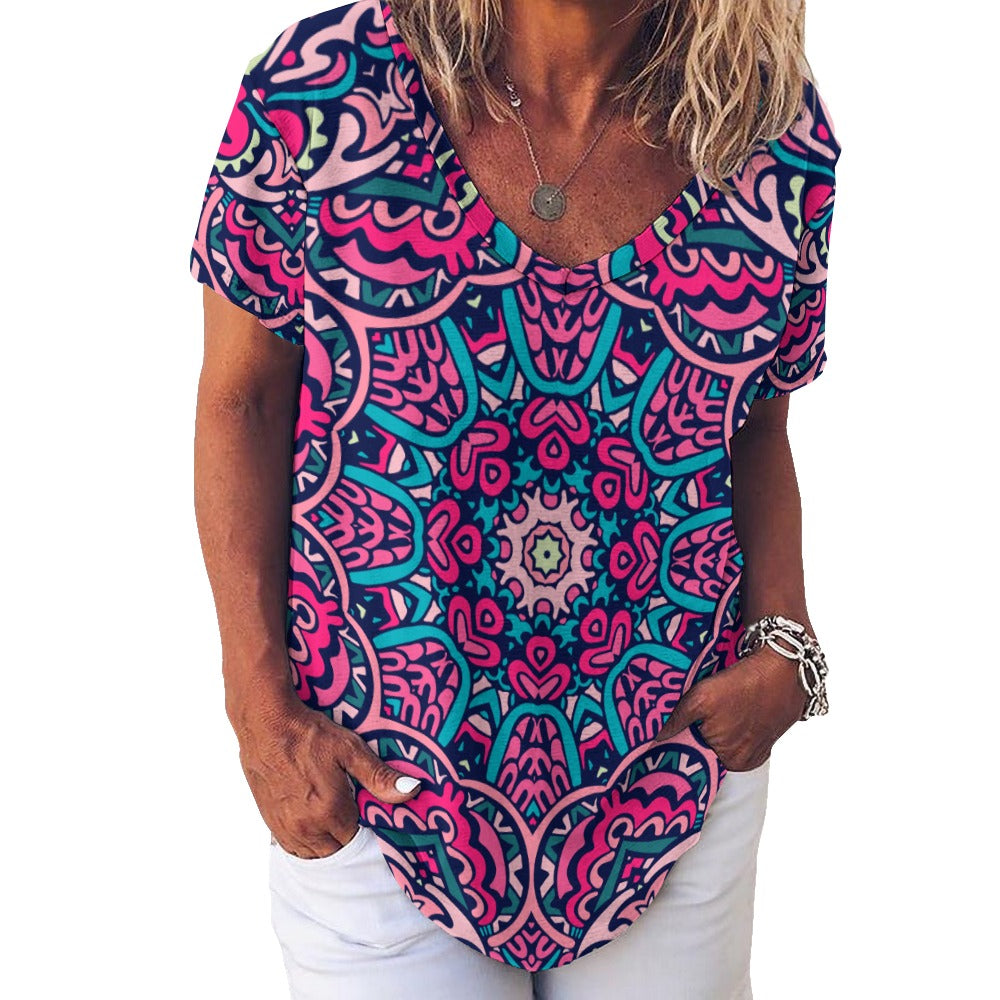 2024 New V Neck Short-sleeve Women Shirt Printed