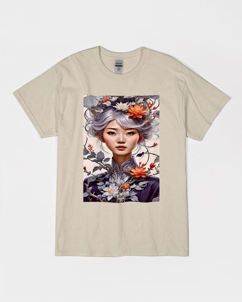 Beautiful Asian woman grey hair blossom Unisex Ultra Cotton T-Shirt | Gildan