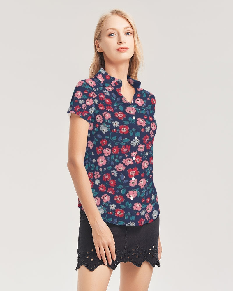 Midnight blue pretty glance.  Women's All-Over Print Short Sleeve Button Up