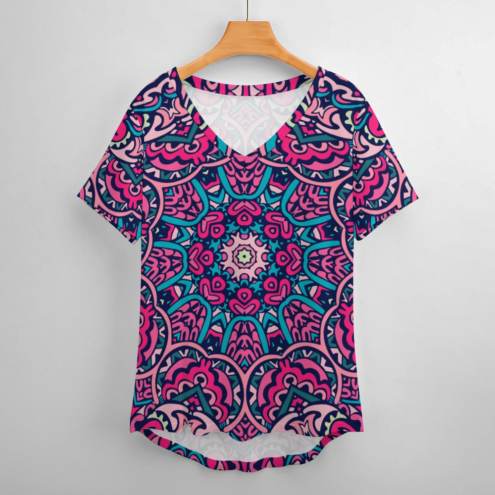 2024 New V Neck Short-sleeve Women Shirt Printed