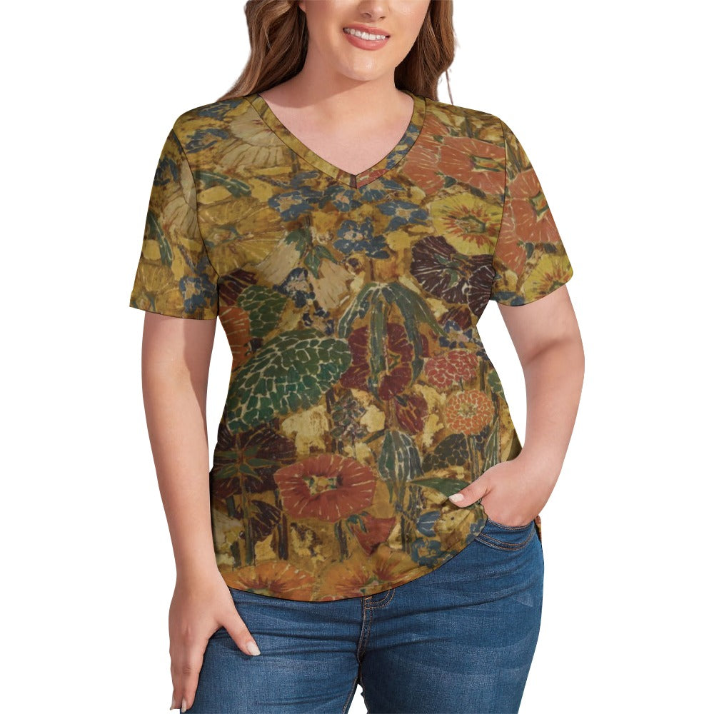 2024 New V Neck Short-sleeve Women Shirt Printed